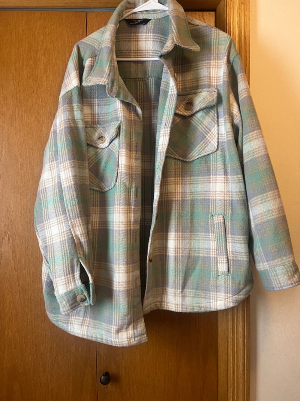 Plaid Shacket Jacket in Sage Green , blue and Cream